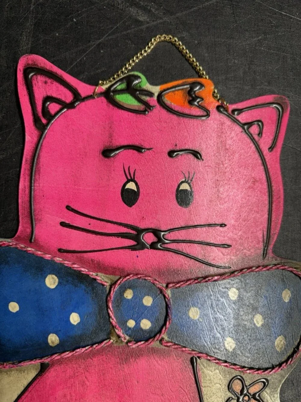 Hand Painted 70s Retro Wooden Wall Pink Cat Kitten Plaque Hanging Kitsch Japan